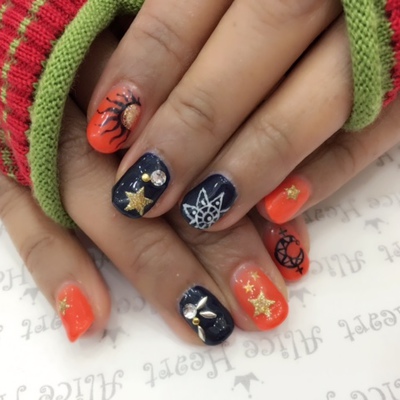 太陽と月とオレンジネイル Gallery プロのデザイナーがいるネイルサロン あざみ野アリスハート